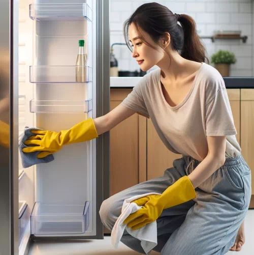 냉장고 내부를 청소하는 여성 이미지